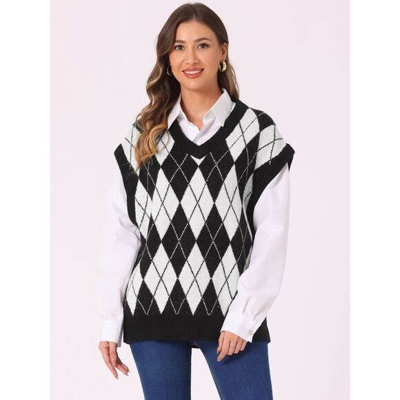 Contrast Color Vest Sleeveless Knit Loose Pullover Sweater Tops Black - Picture 2 of 5